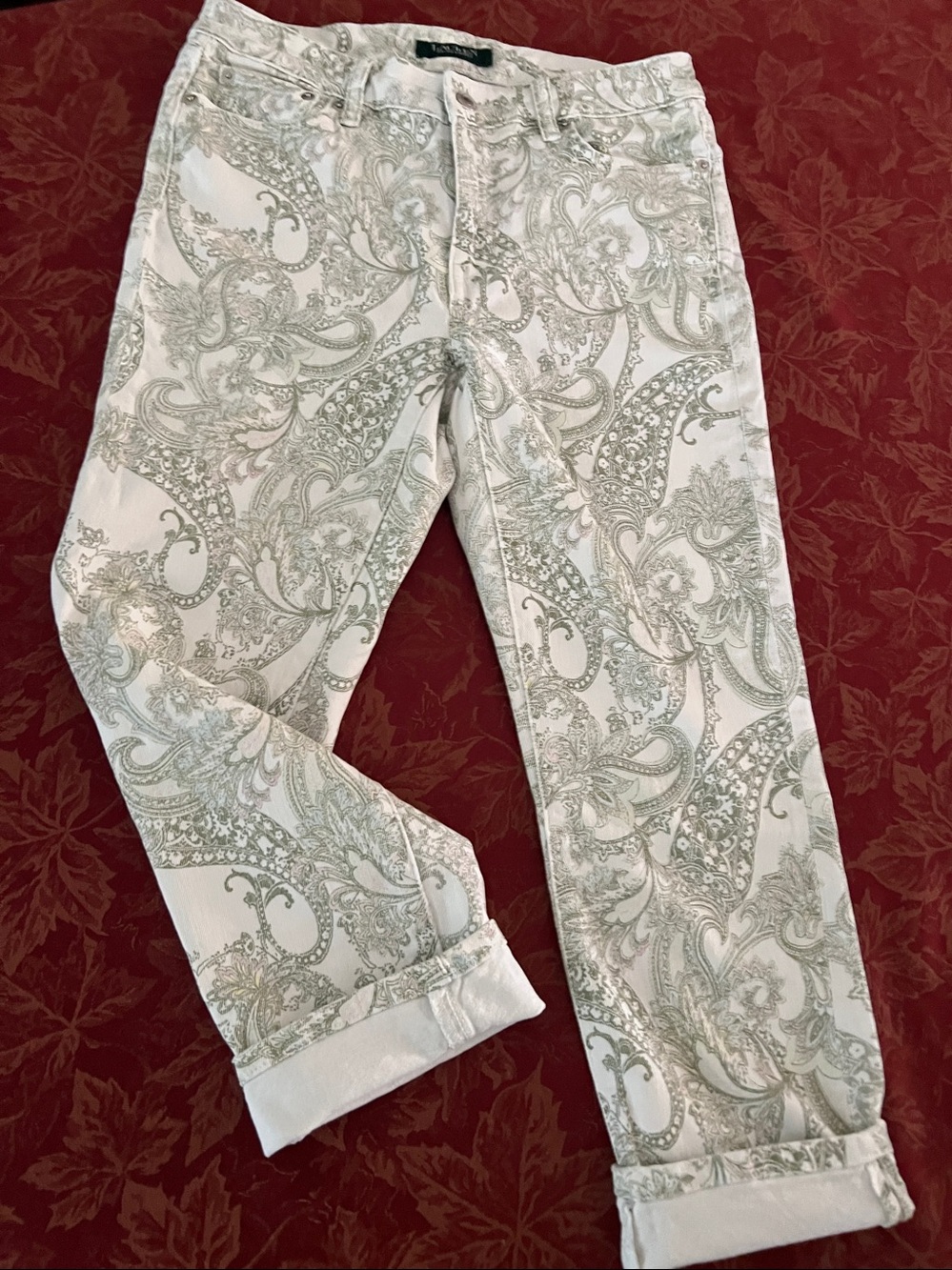 Ralph Lauren Paisley Cropped Jeans. White & Olive With a Splash of soft Pink. 8P